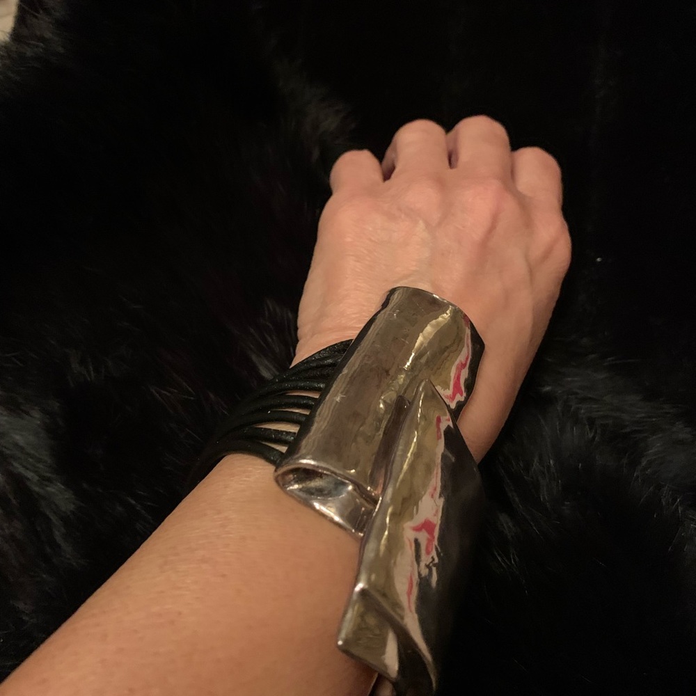 Silver Statement Cuff Bracelet With Black Wire Ba… - image 5